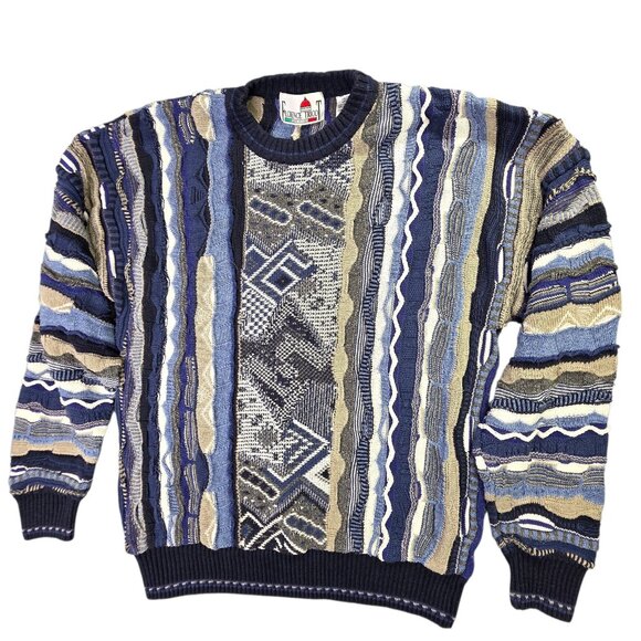 Florence Tricot Sweater Mens M Blue 3D Textured Knit Abstract Coogi Style Italy - Picture 5 of 16